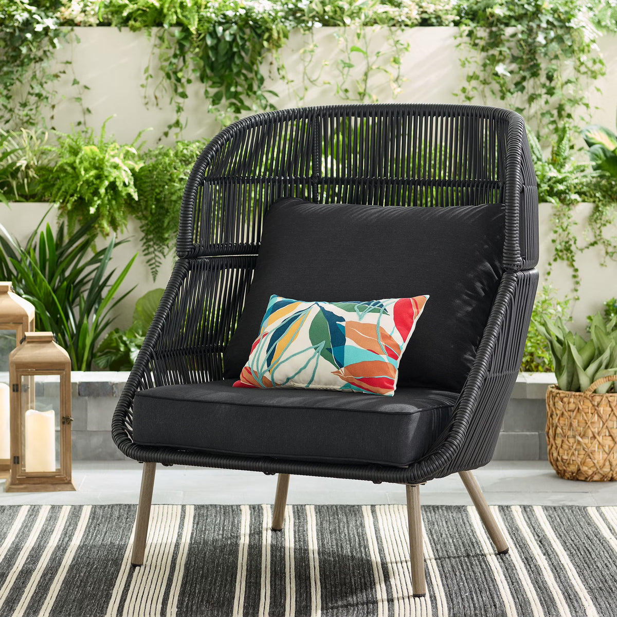 Black Wicker Outdoor Accent Chair with Cushions V54570