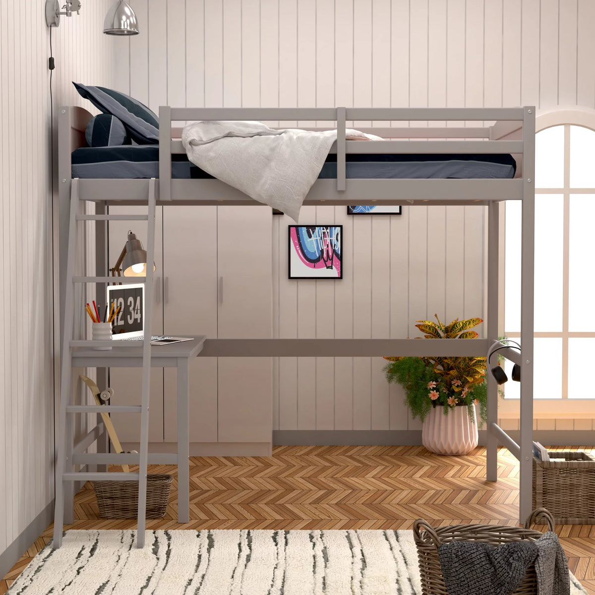 Gray Wood Twin Loft Bed with Desk K234180