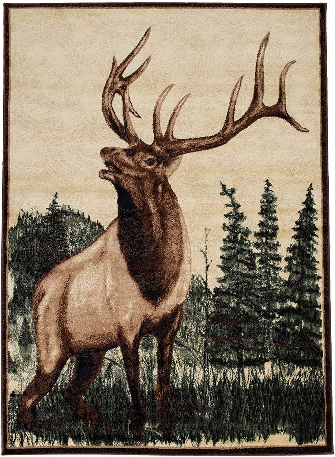 Elk Deer Pine Trees Area Rug 5' 3" X 7' 5" O8700