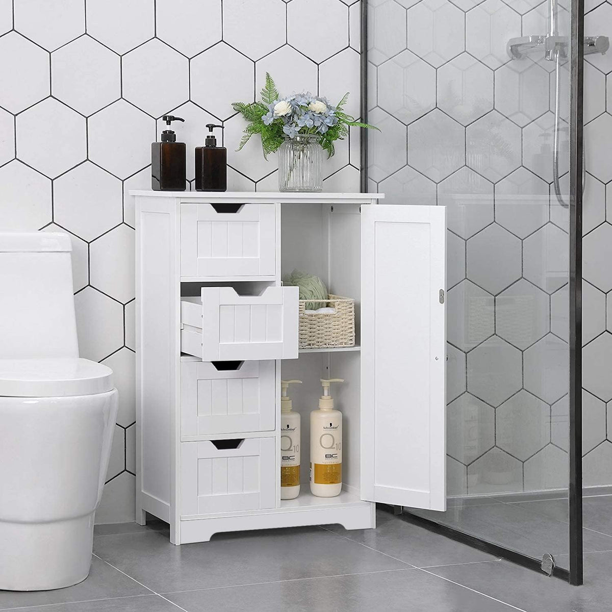 White Freestanding Bathroom Storage Cabinet with 4 Drawers and 1 Door G97092