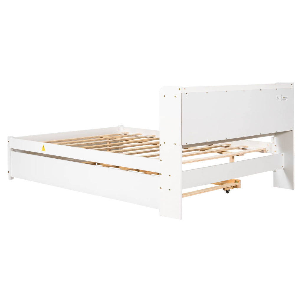 White Wood Full Size Trundle Bed with Bookcase Headboard F19448