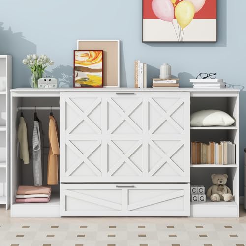 White Twin Size Murphy Bed with Storage Shelves and Wardrobe V2551