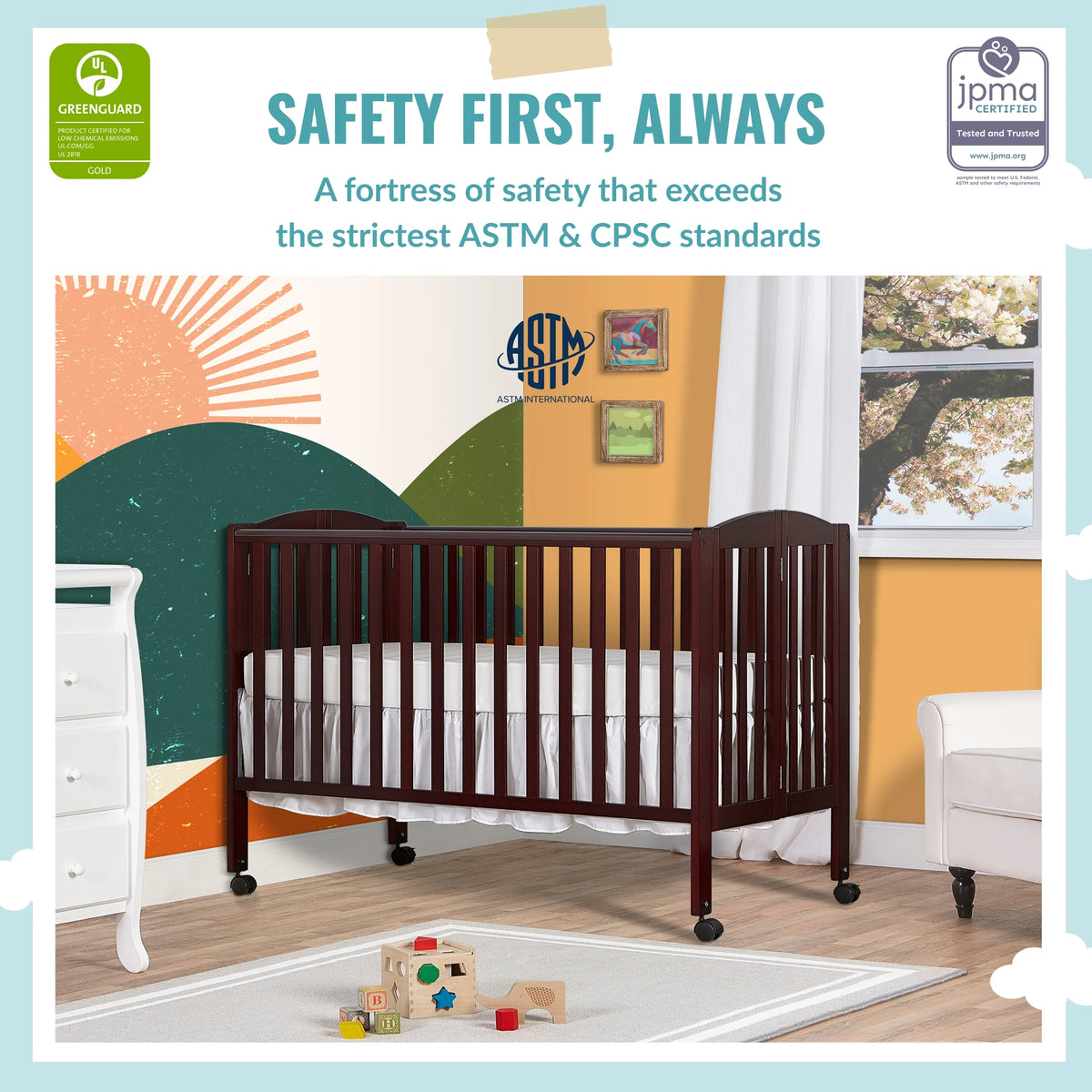Full Size 2-in-1 Folding Stationary Side Crib with Locking Wheels, Espresso G86847