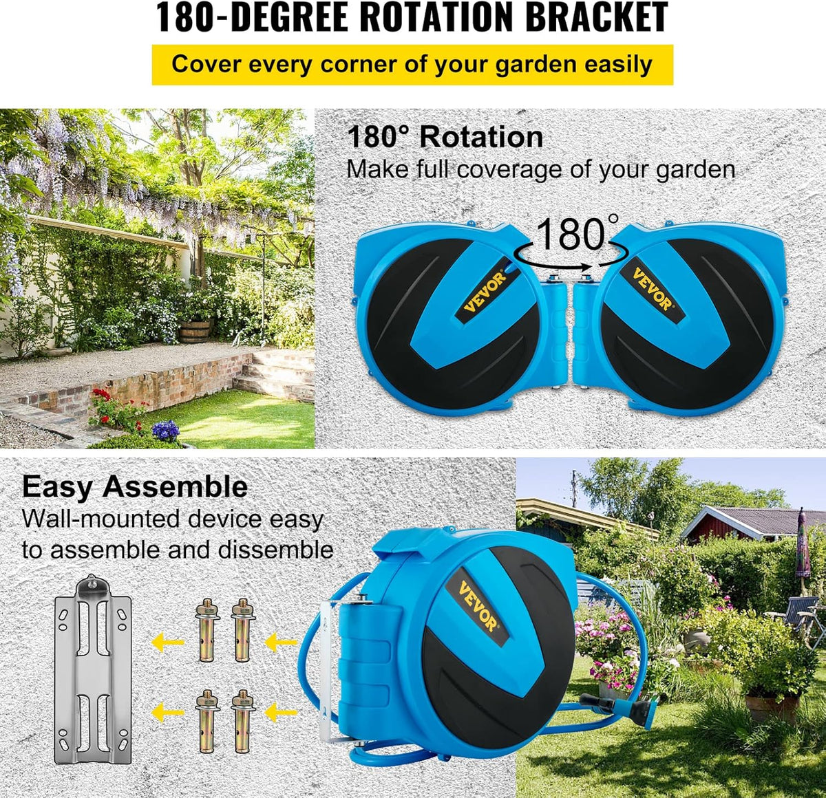 Retractable Hose Reel, 5/8 inch x 50 ft, Wall Mounted Garden Hose Reel, Blue Pack of 2 R4563