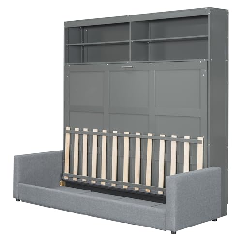 Queen Size Gray Wood Murphy Bed with Storage Shelves Z949647