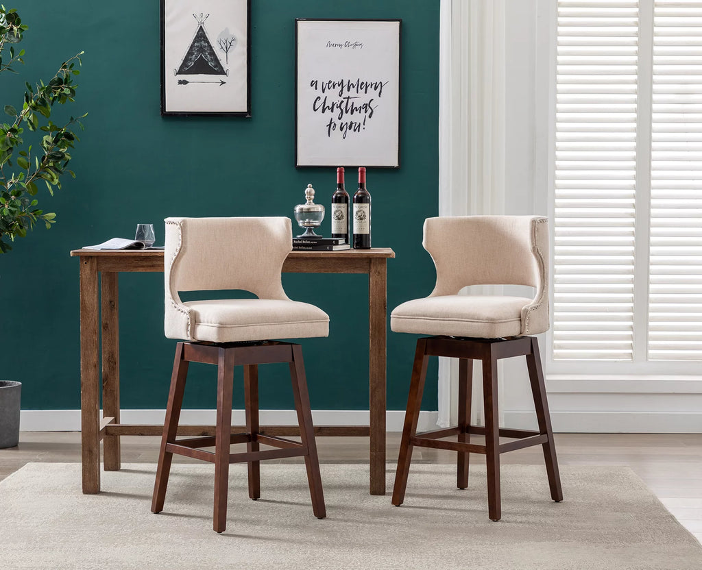 30" Beige Linen Upholstered Swivel Bar Stool Set of 2 with Wooden Legs R5495
