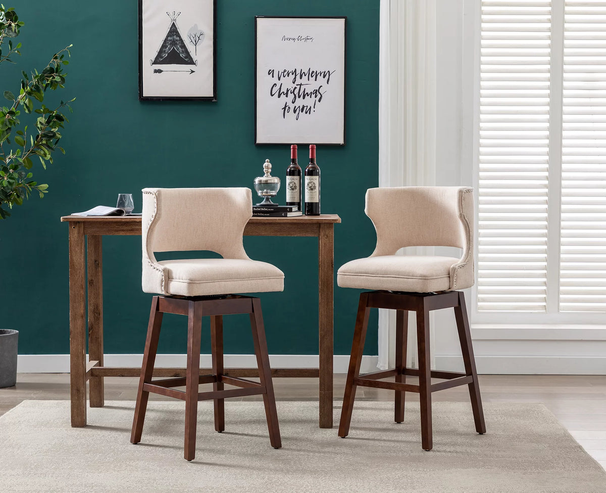 30" Beige Linen Upholstered Swivel Bar Stool Set of 2 with Wooden Legs R5495