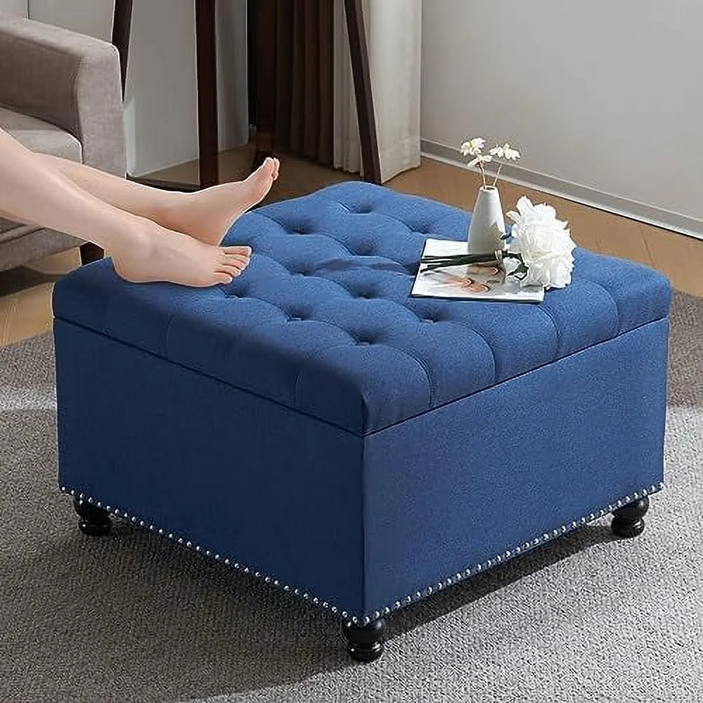 Oversized Linen Ottoman with Wooden Legs Z342