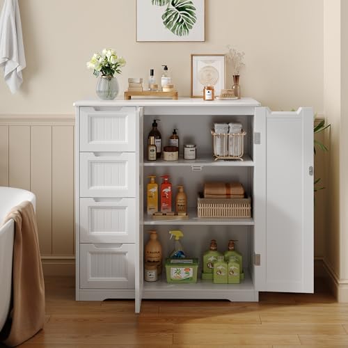 White Storage Cabinet with 4 Drawers & Double Doors Q54184