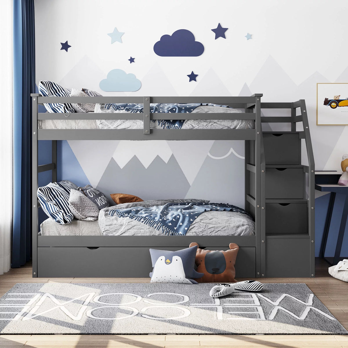 Twin-Over-Twin Bunk Bed with Trundle and 3 Storage Stairs Gray T798