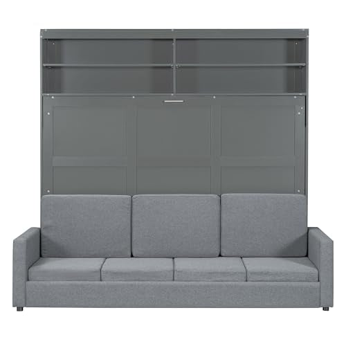 Queen Size Gray Wood Murphy Bed with Storage Shelves Z949647