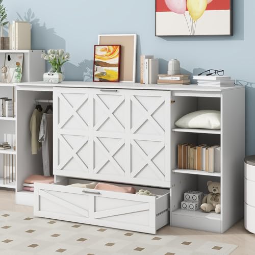 White Twin Size Murphy Bed with Storage Shelves and Wardrobe V2551