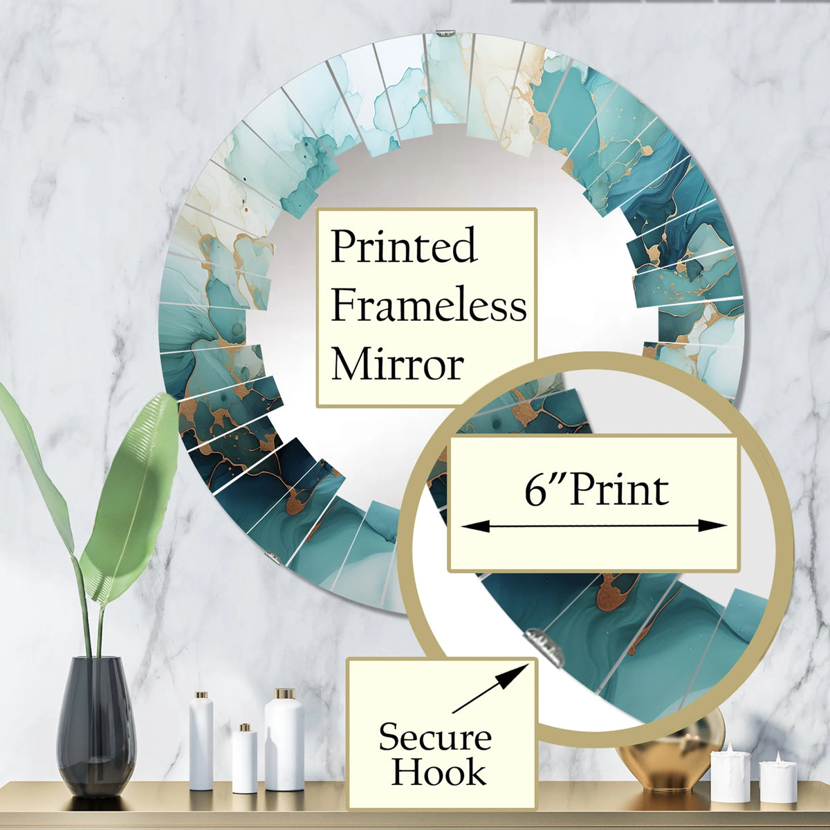 Teal Gold Abstract Round Wall Mirror A987