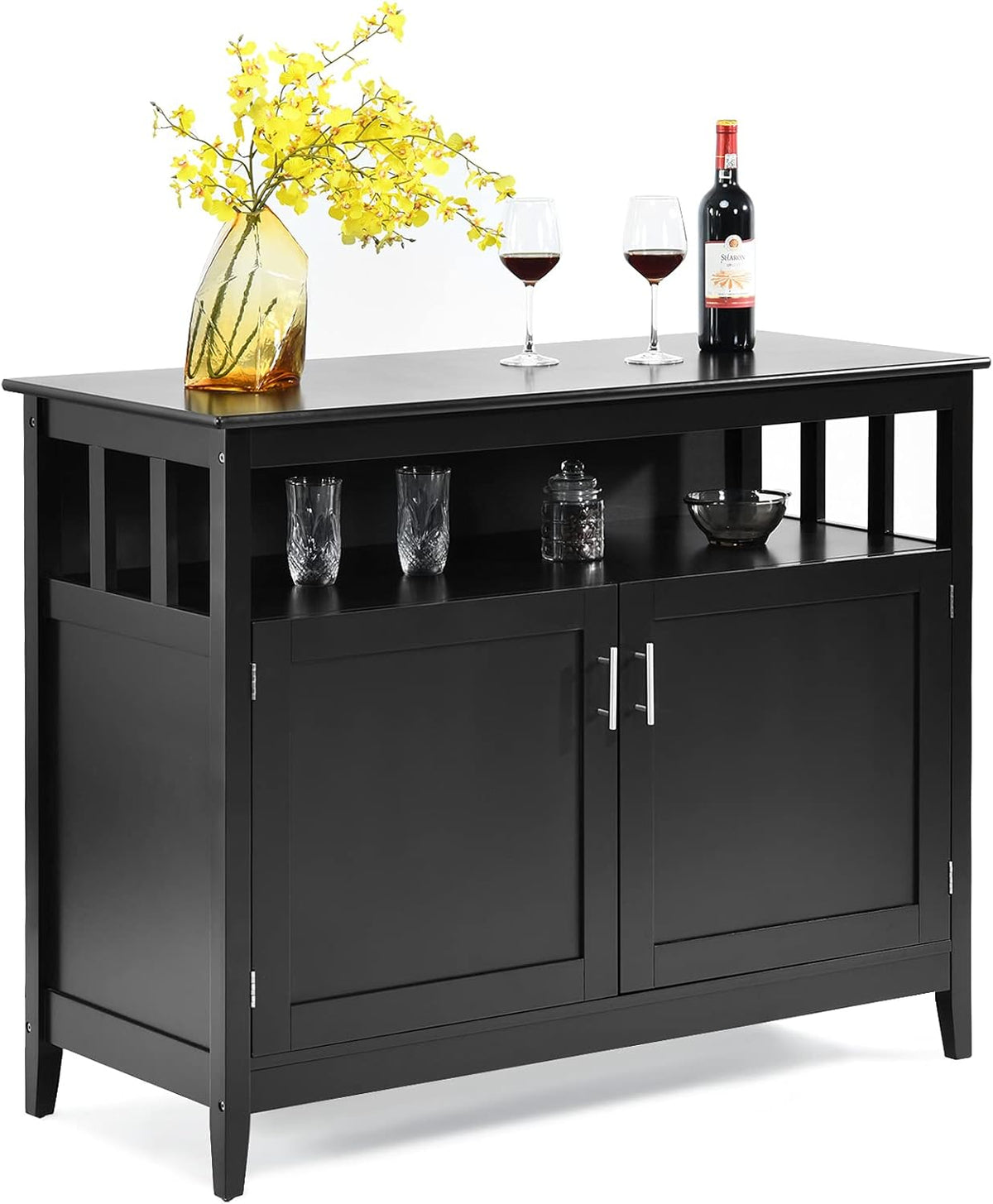 Black Kitchen Storage Sideboard Cabinet with 2 Level Cabinets and Open Shelf B990642