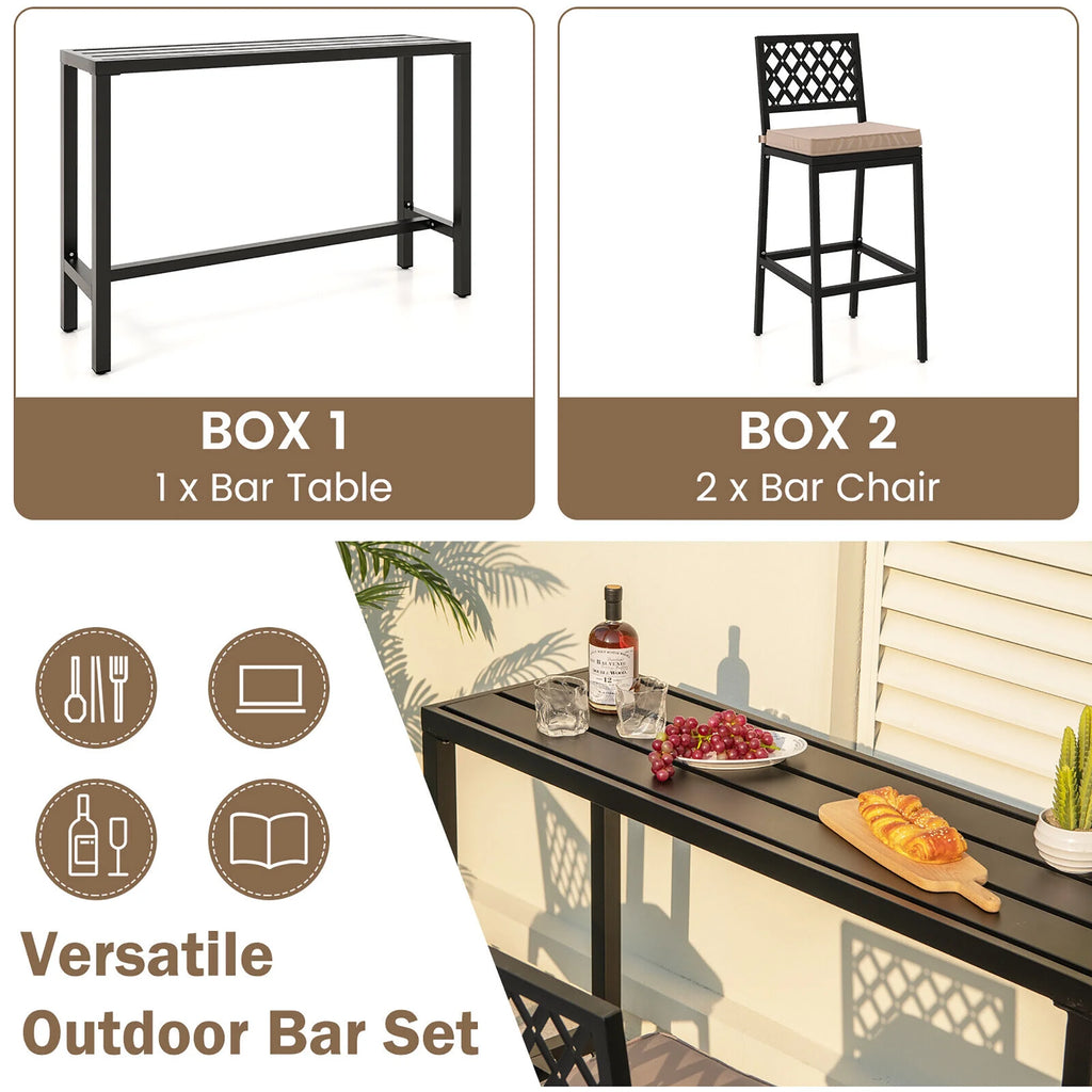 3PCS Outdoor Metal Bar Table & Chairs Set with Cushion X7226