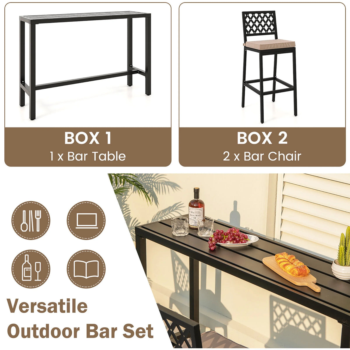 3PCS Outdoor Metal Bar Table & Chairs Set with Cushion X7226