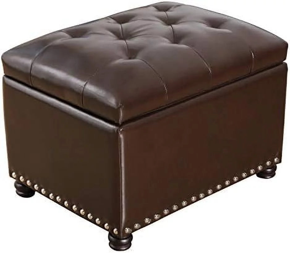 17.7" Brown Faux Leather Tufted Flip Top Ottoman B770153