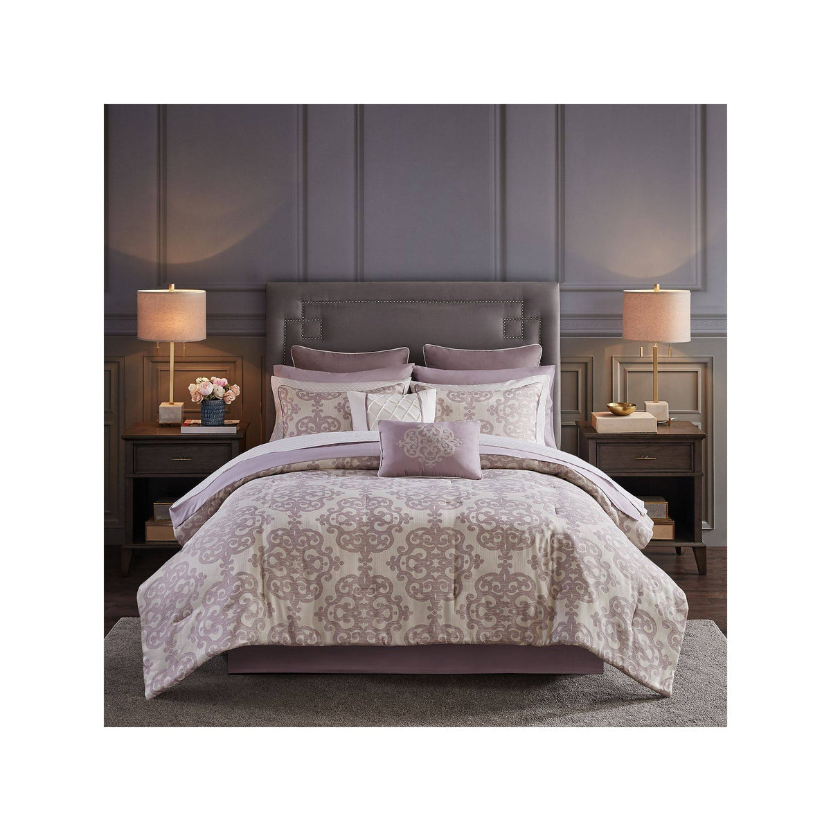 Purple 16 Piece Jacquard Bedding Set with 2 Sheet Sets Cal King I542
