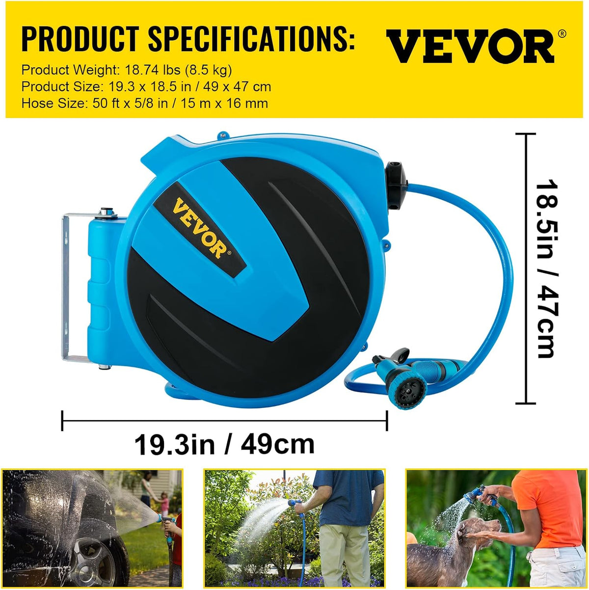 Retractable Hose Reel, 5/8 inch x 50 ft, Wall Mounted Garden Hose Reel, Blue Pack of 2 R4563