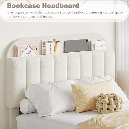 Beige Boucle Upholstered Twin Platform Bed with 2 Drawers V603