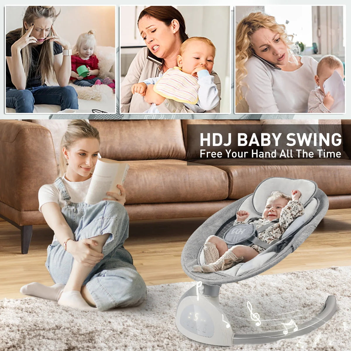 Electric Baby Swing with Music, Touch Screen, Grey R9503