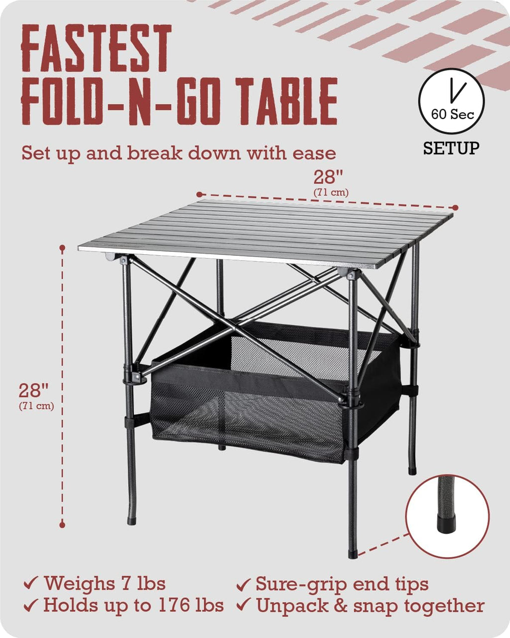 Aluminum Folding Camping Table with Carry Bag, 28in x 28in x 28in V696128