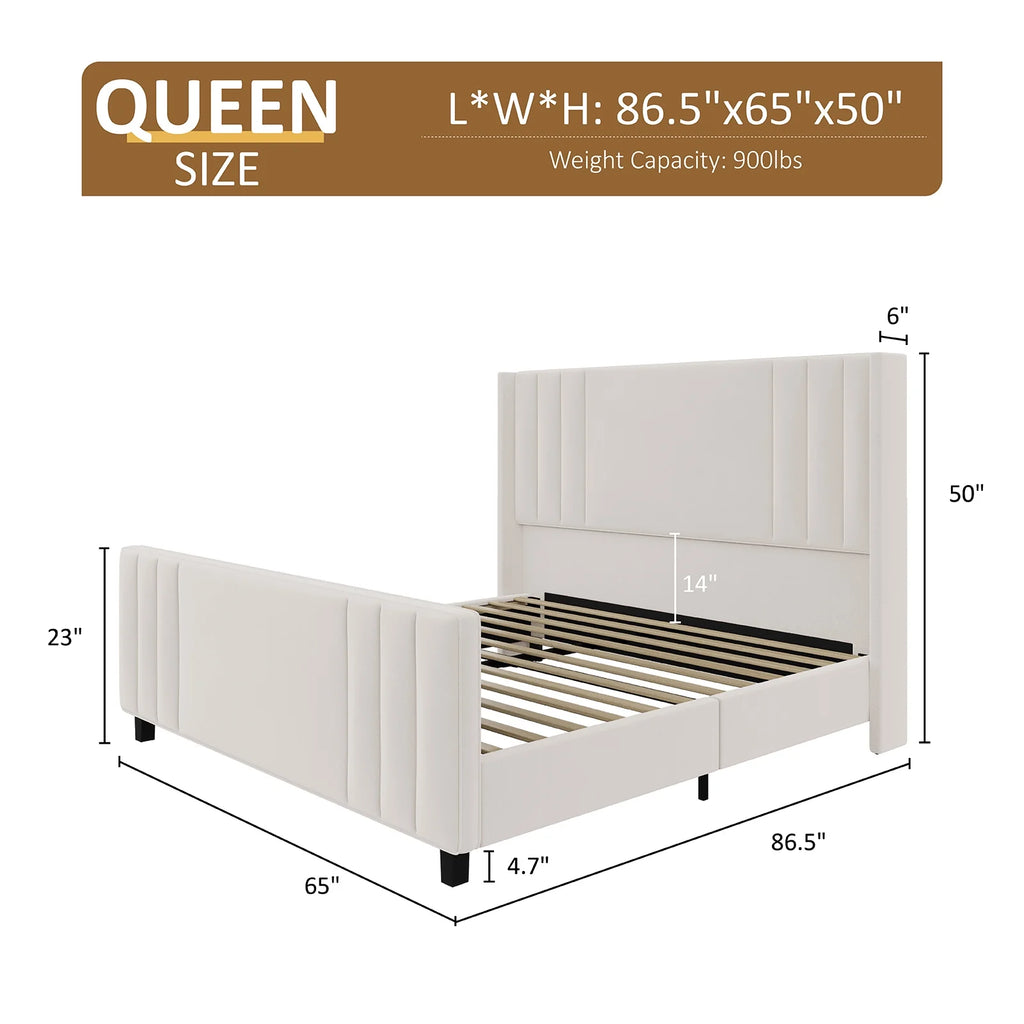 Queen Platform Bed Frame with Vertical Channel, Cream N299159