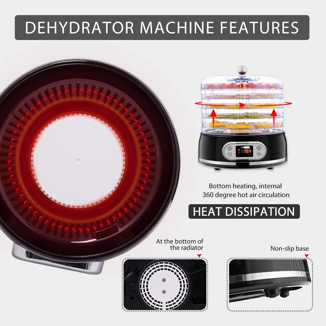 400W 5 Trays Round Food Dehydrator Machine Black F7132