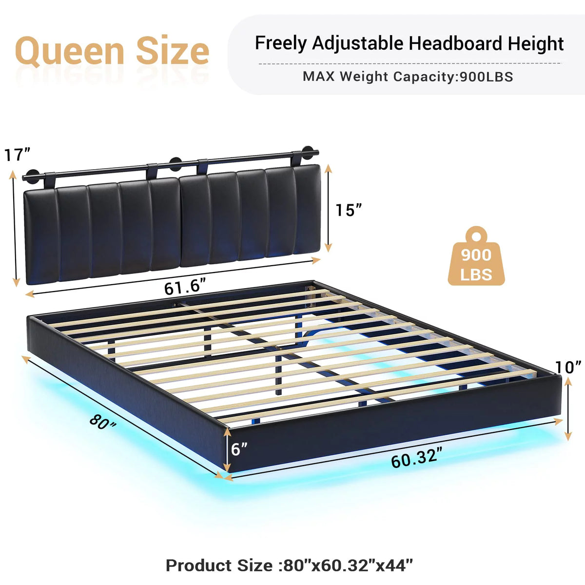 Queen Floating Bed Frame with LED Lights and Wall Mounted Headboard R683
