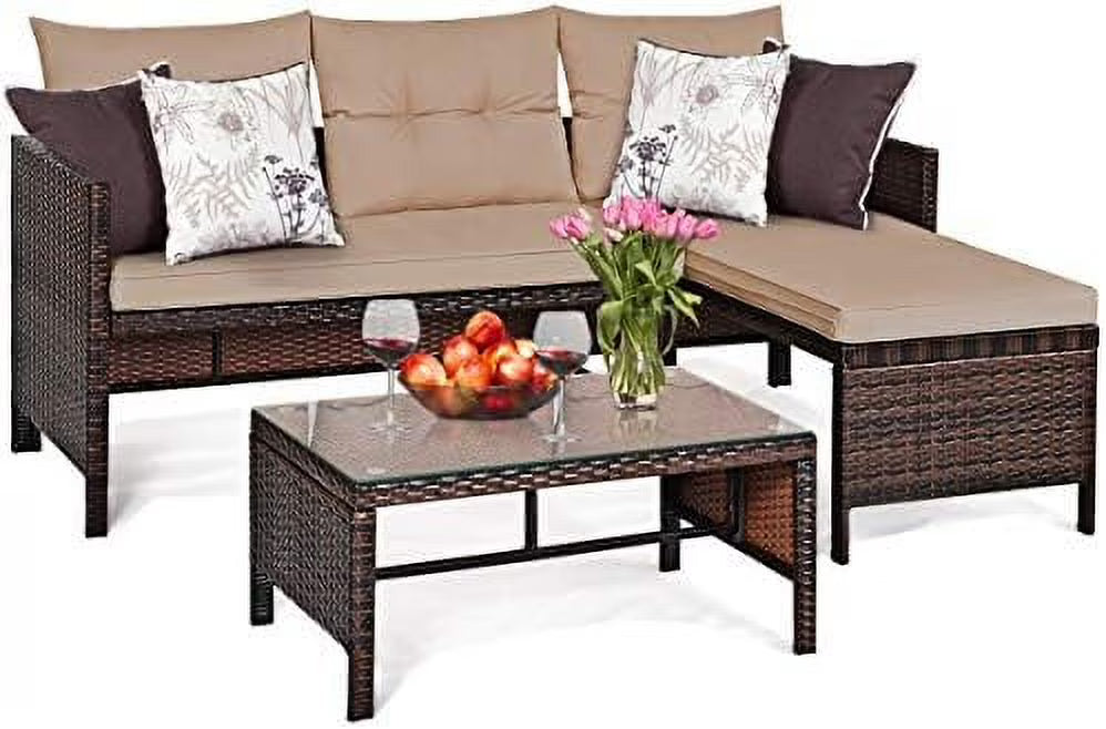 3 Piece Outdoor Rattan Corner Sofa Set with Coffee Table Q79154