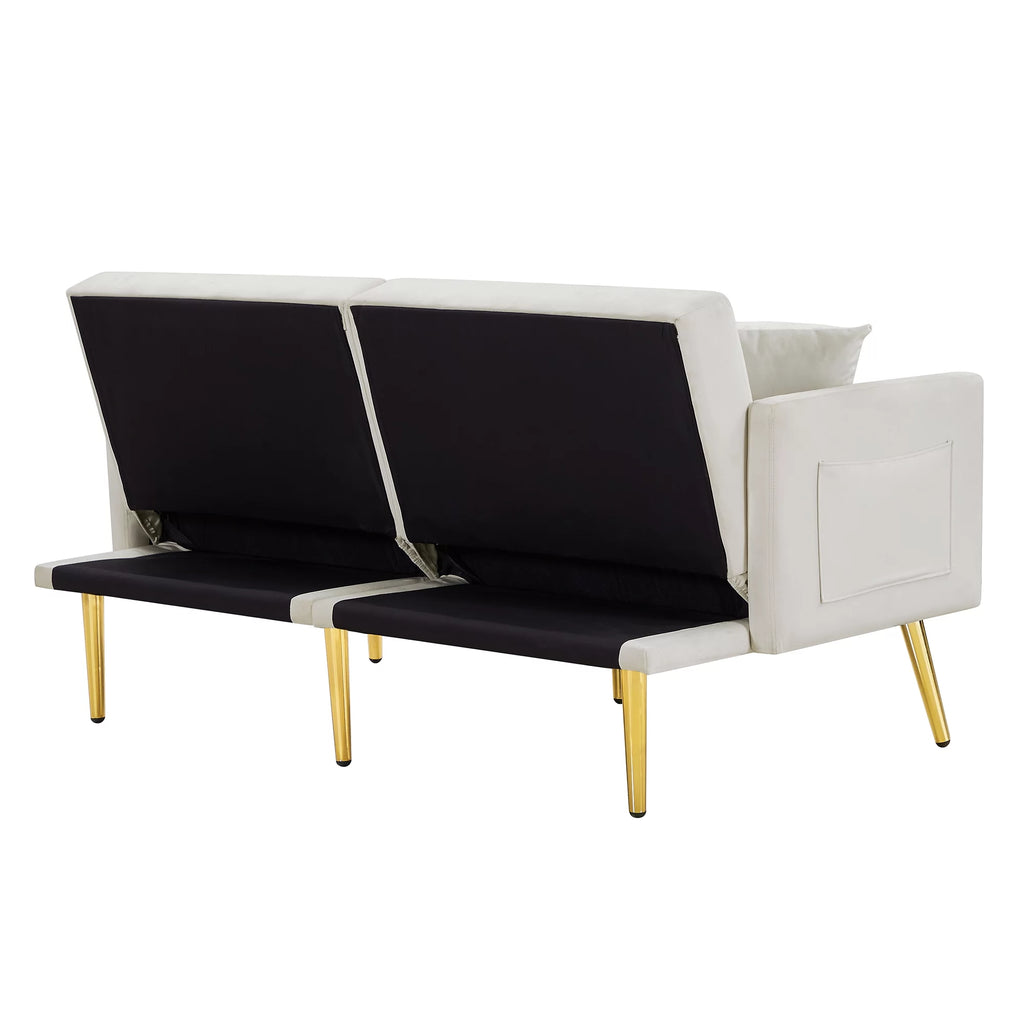 White Velvet Futon Sofa Bed with Gold Metal Legs M242