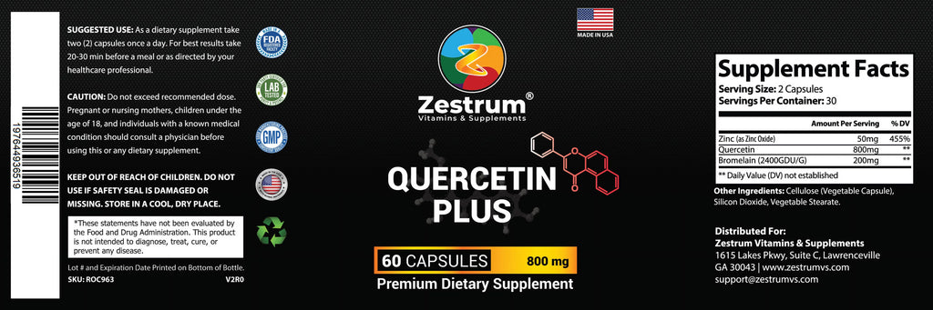 Zinc Quercetin Bromelain 60 Vegetarian Capsules 800 mg F3420