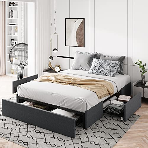 Queen Size Fabric Upholstered Platform Bed Frame with 3 Storage Drawers Y387