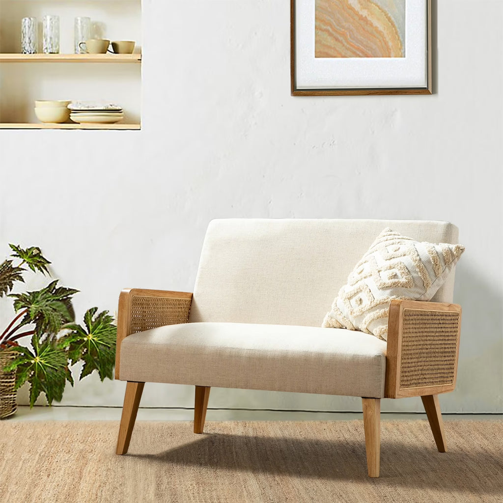 Modern Upholstered Sofa Loveseat Rattan Arm Futon Wood Foam Linen N76686