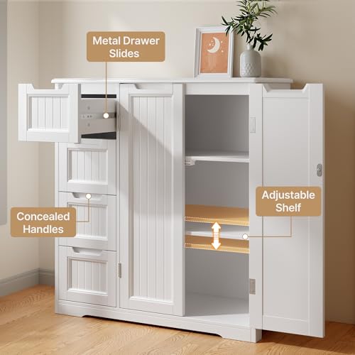 White Storage Cabinet with 4 Drawers & Double Doors Q54184
