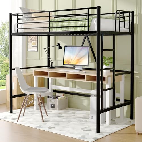 Twin Size Off White Metal Loft Bed with Ladder and Guardrail V684