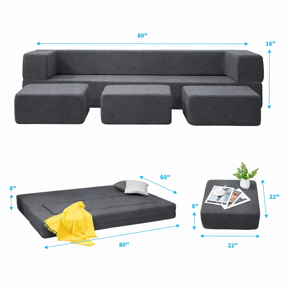 Dark Grey Convertible Sofa Bed P729
