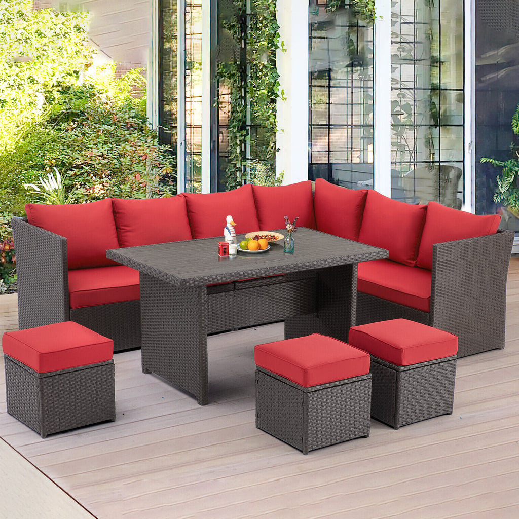 Red Rattan Wicker Patio Dining Table Set J3530