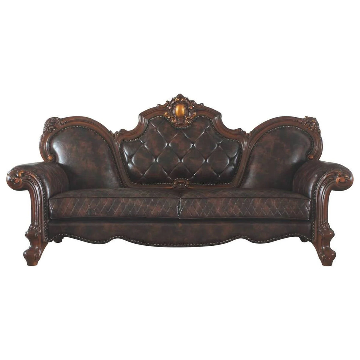 Vintage Cherry Oak & PU Sofa with 3 Pillows M704