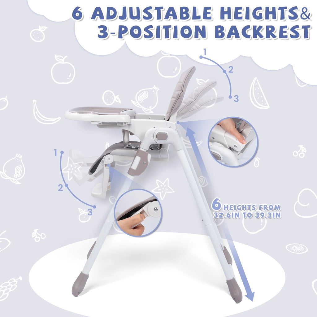 Portable Folding Highchair with Adjustable Height, Removable Tray, Gray K366