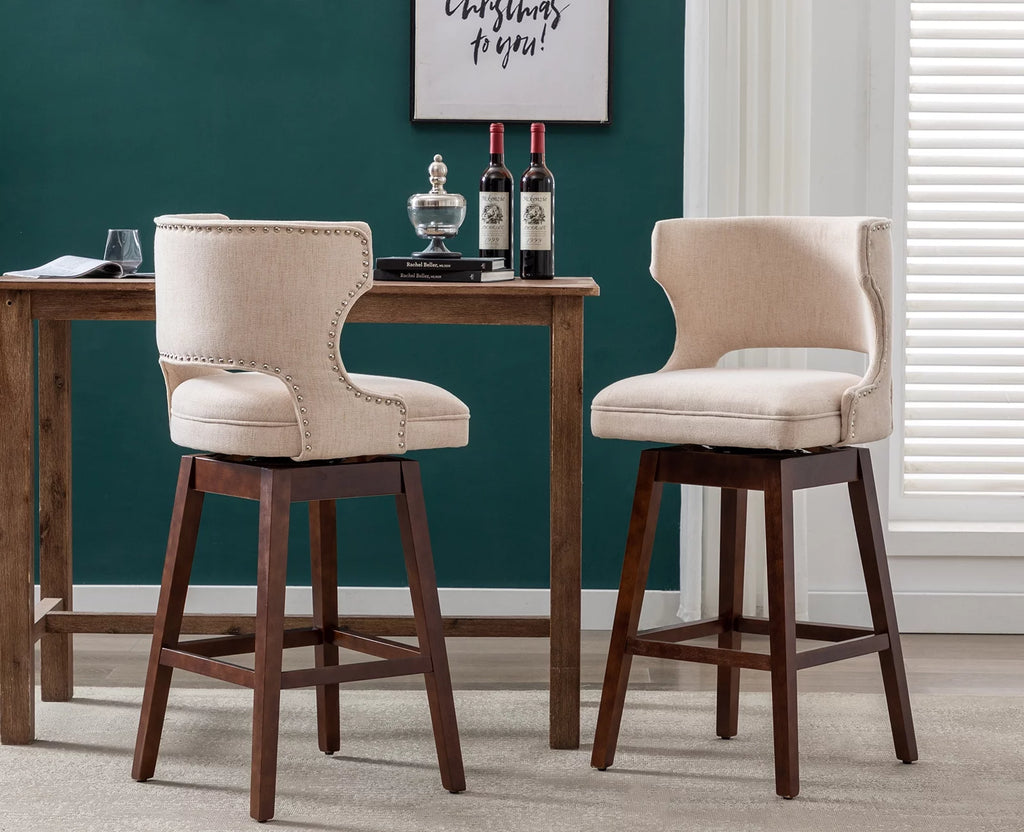 30" Beige Linen Upholstered Swivel Bar Stool Set of 2 with Wooden Legs R5495