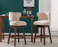 30" Beige Linen Upholstered Swivel Bar Stool Set of 2 with Wooden Legs R5495