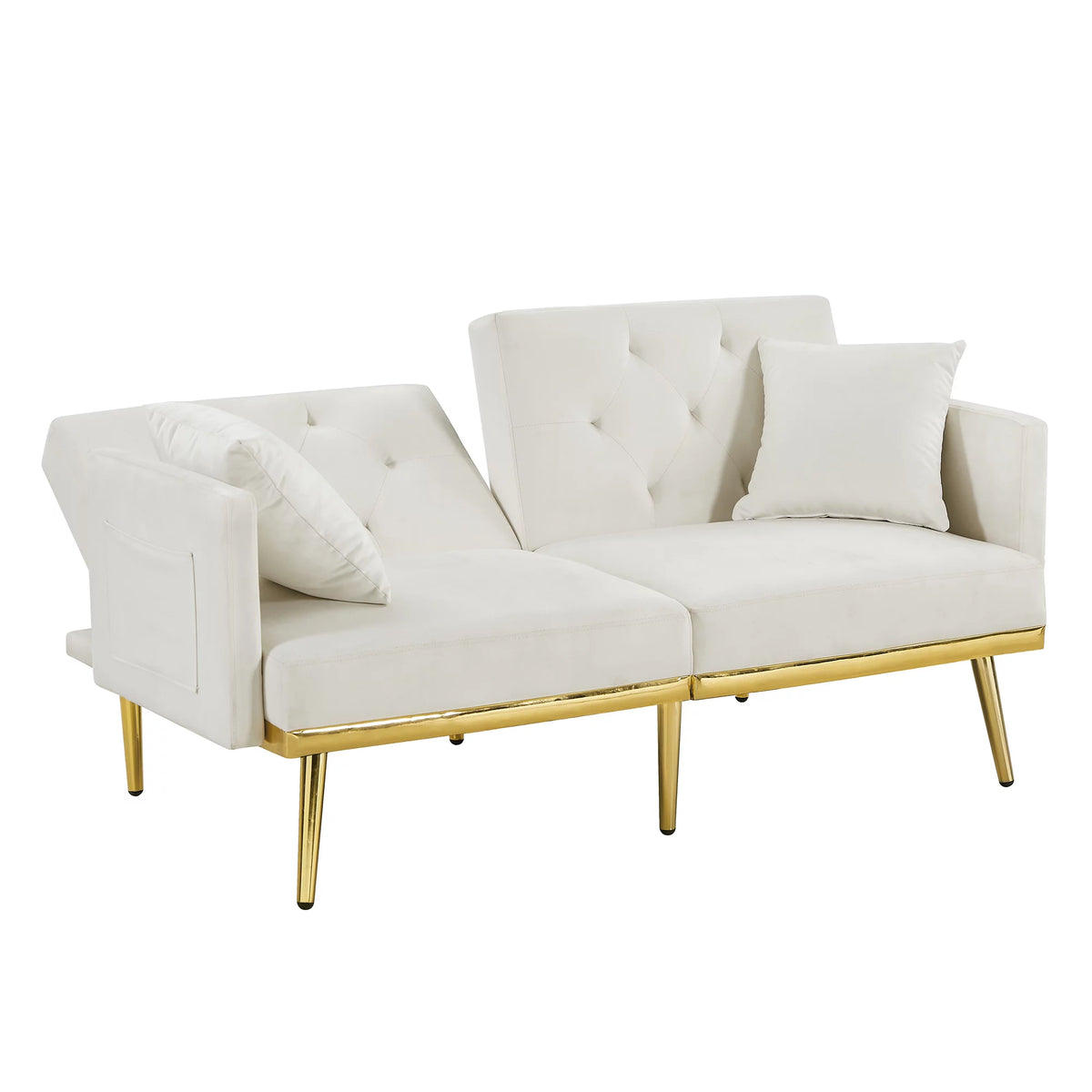 White Velvet Futon Sofa Bed with Gold Metal Legs M242