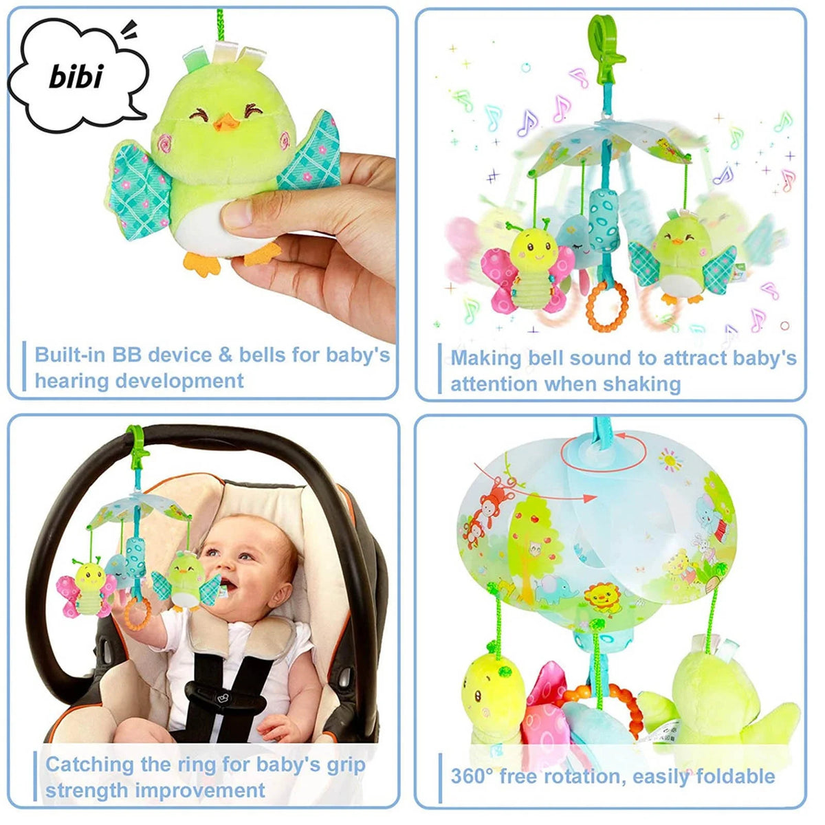 Baby Car Seat Clip On Stroller Toy With Birds And Hanging Rattle Sensory Activity Toy T33033