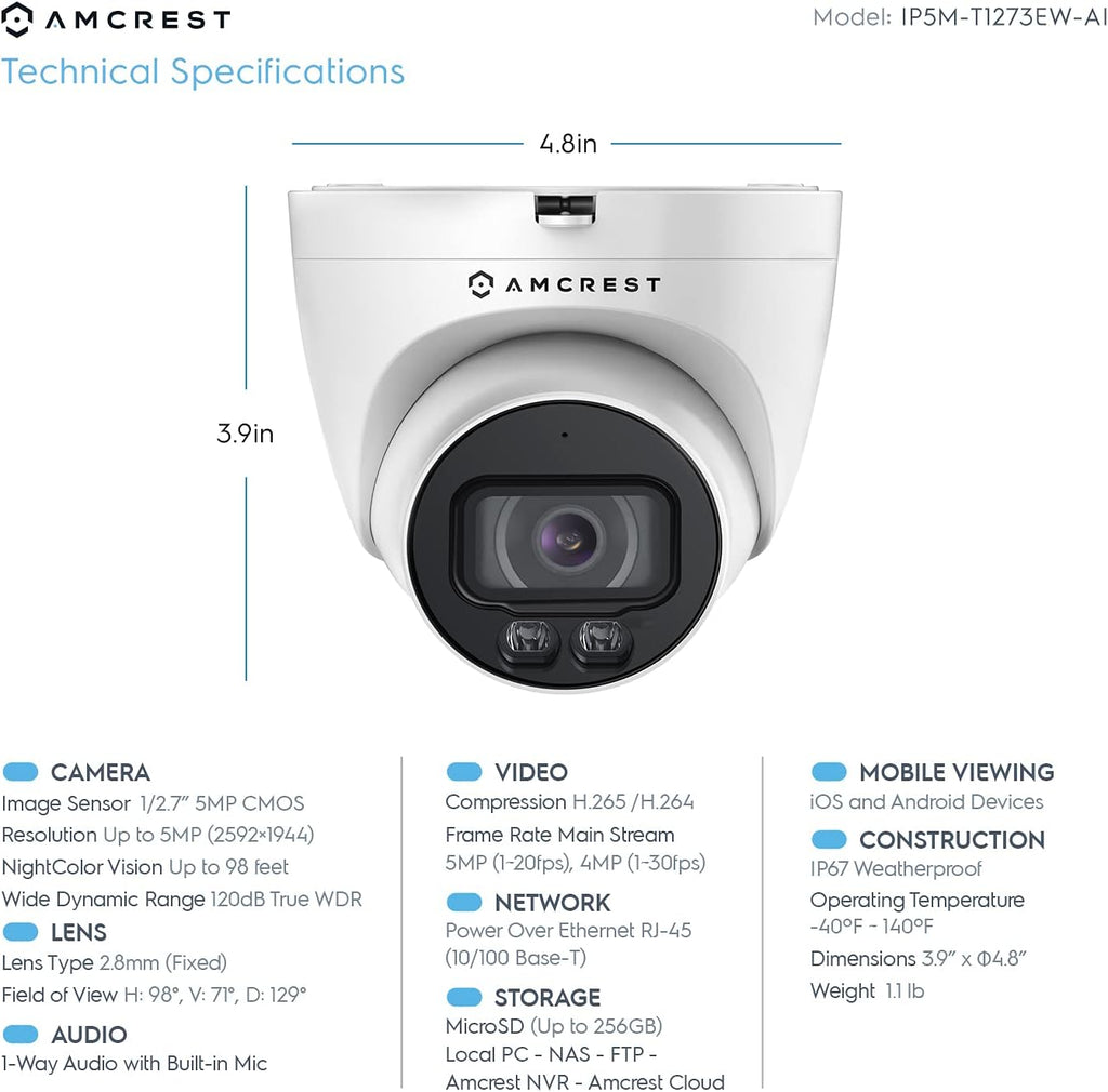 5MP AI Turret IP PoE Camera with Full Color Nightvision K7121