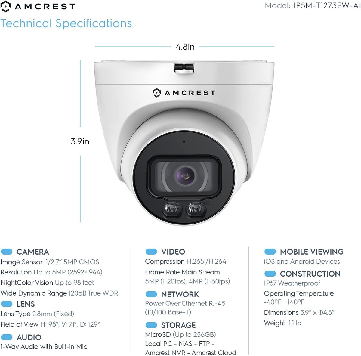 5MP AI Turret IP PoE Camera with Full Color Nightvision K7121