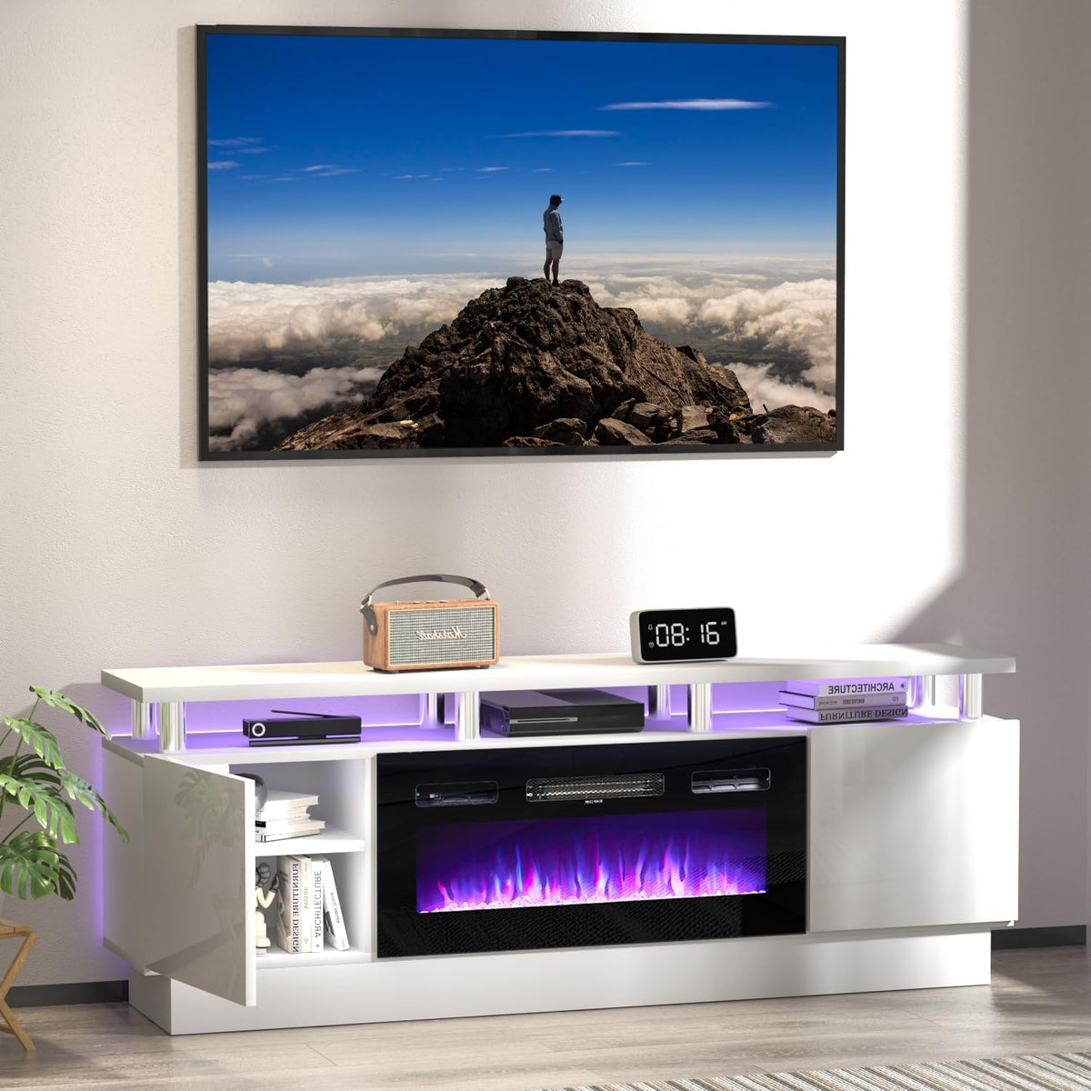 White 2 Tier Electric Fireplace TV Stand O474592