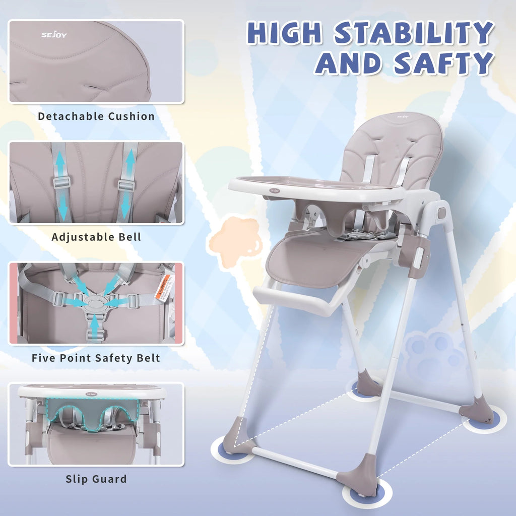 Portable Folding Highchair with Adjustable Height, Removable Tray, Gray K366