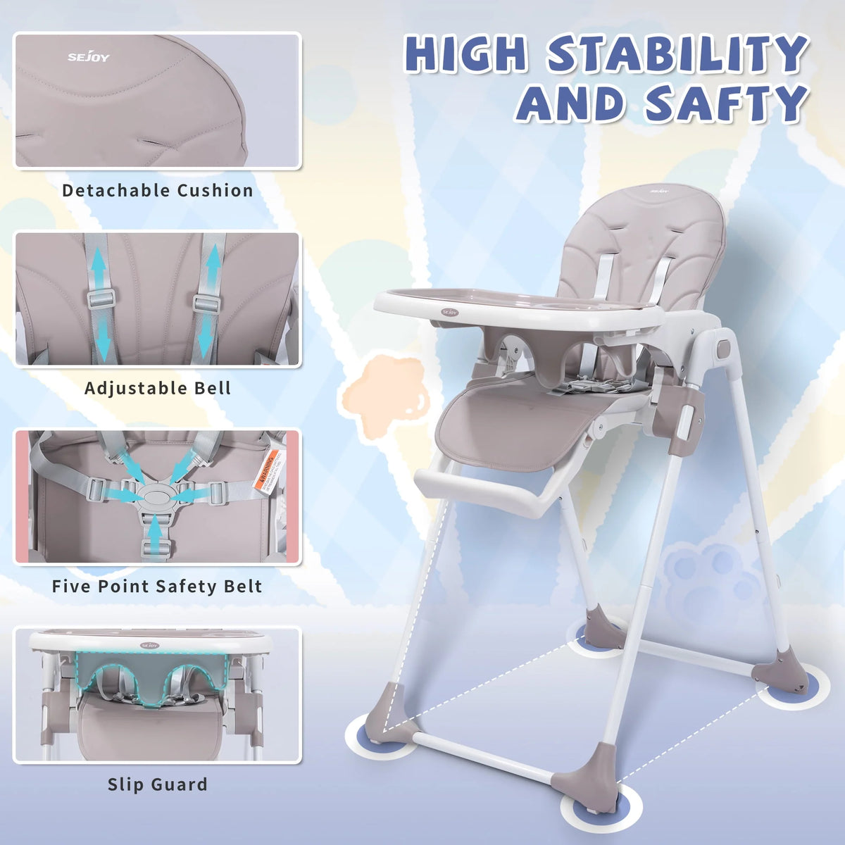 Portable Folding Highchair with Adjustable Height, Removable Tray, Gray K366