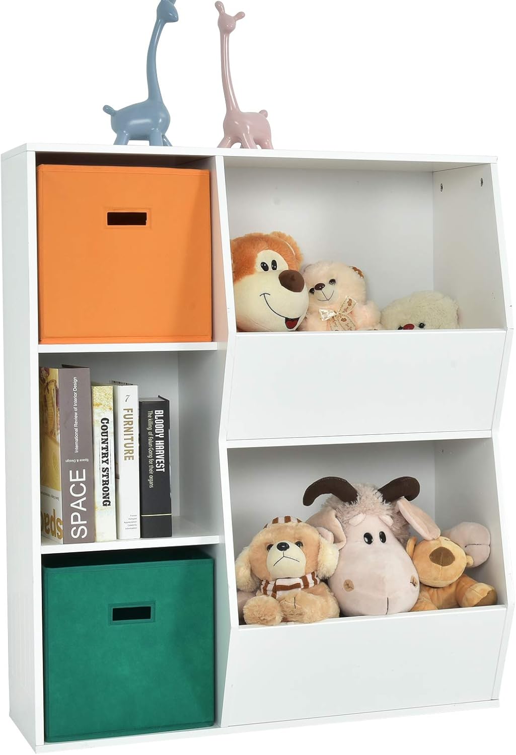 5 Cubbies White Wooden Kids Bookshelf with Storage Bins S425885